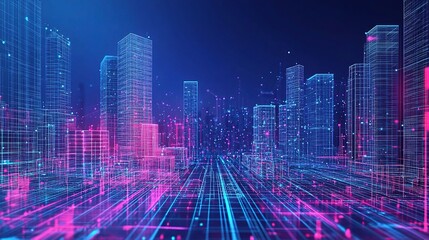 3D Abstract Wireframe City Background with Perspective and Scale