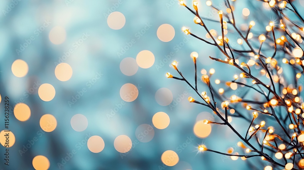 Poster blurred bokeh concept. a serene background featuring branches with glowing lights and soft bokeh eff