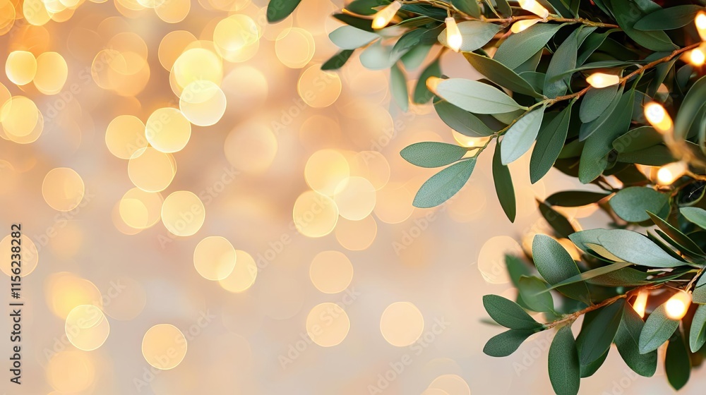 Poster blurred bokeh concept. elegant greenery adorned with warm bokeh lights creates a cozy, inviting atmo