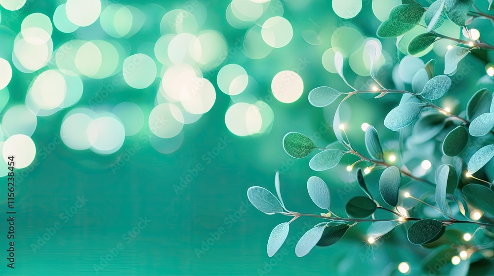 Poster blurred bokeh concept. a serene close-up of green leaves with soft bokeh lights in a calming backgro