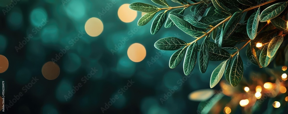 Poster blurred bokeh concept. close-up of vibrant green leaves with soft bokeh lights in the background.