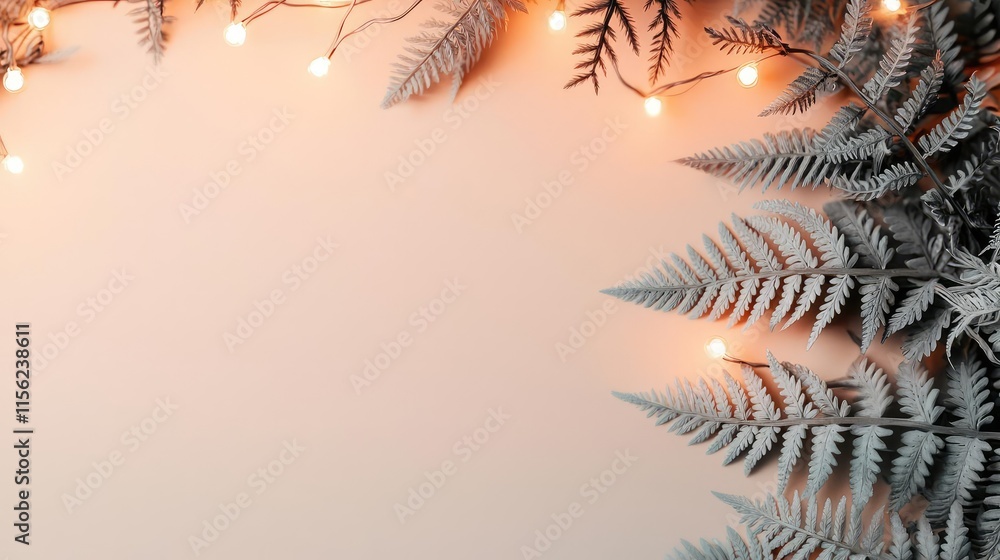 Aufkleber blurred bokeh concept. a serene composition of ferns with soft glow of fairy lights on a light backg