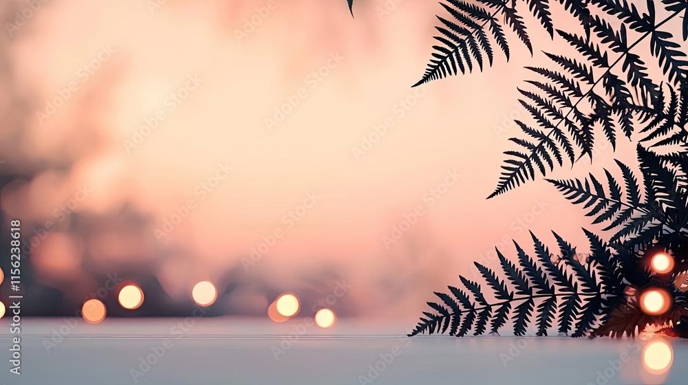 Aufkleber blurred bokeh concept. a serene background featuring lush ferns and soft bokeh lights for a calming 