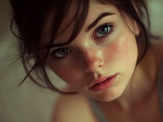 Fototapeta premium close up portrait of a young person with fair skin and prominent freckles across the cheeks and nose, green eyes and brown hair, which is styled loosely with a few strands falling over the forehead