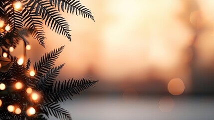 Blurred bokeh concept. A close-up of fern leaves glistening with warm lights in a soft, dreamy background.