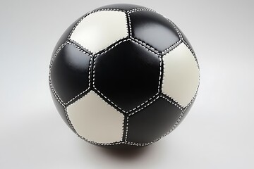 A classic black-and-white soccer ball with stitched panels on a solid white background.