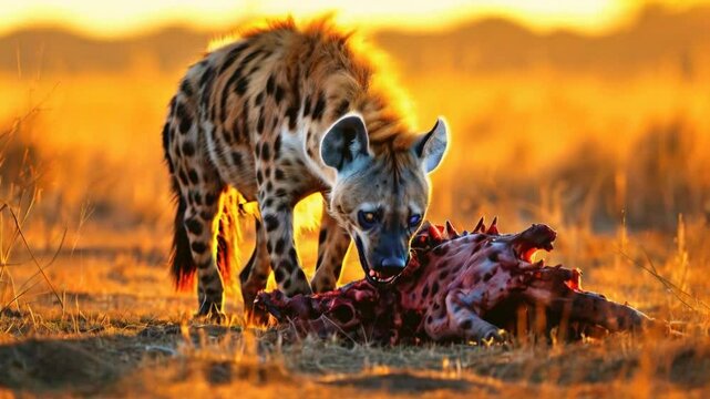 A hyena scavenging on a carcass in the golden light of sunset.