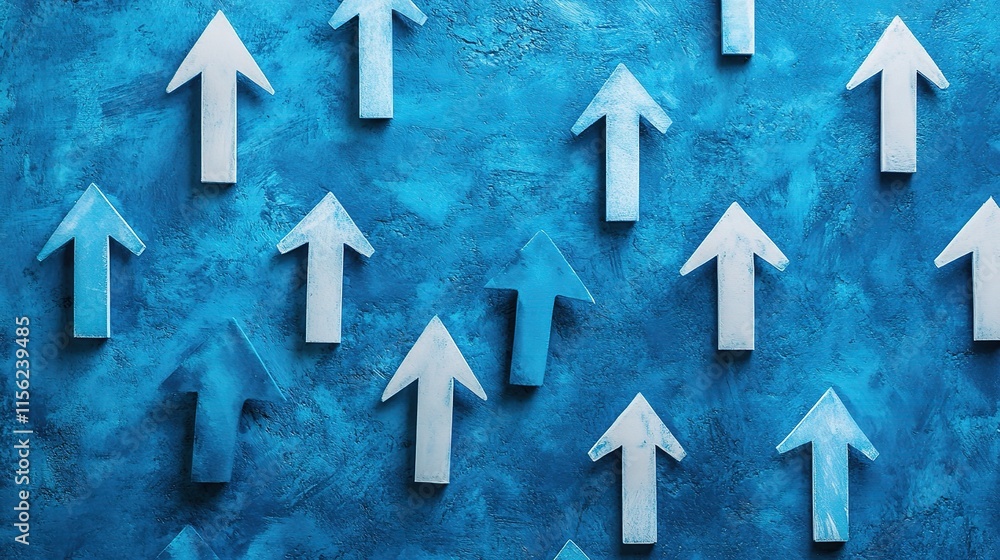 Poster blue background with multiple upward pointing arrows in design