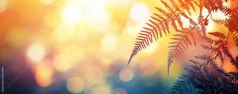 Poster blurred bokeh concept. a vibrant fern with a dreamy background of colorful sunlight and soft bokeh e