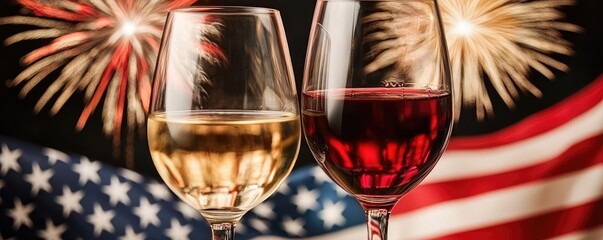 Fourth july idea. Celebratory glasses of wine with fireworks and an American flag backdrop.