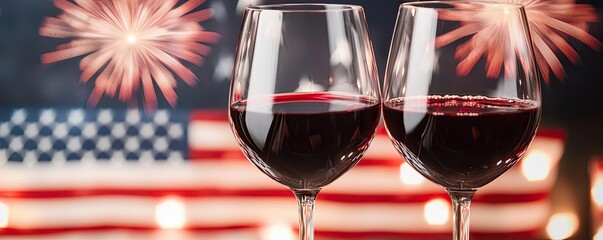Fourth july idea. Celebratory red wine glasses with fireworks and American flags in the background.