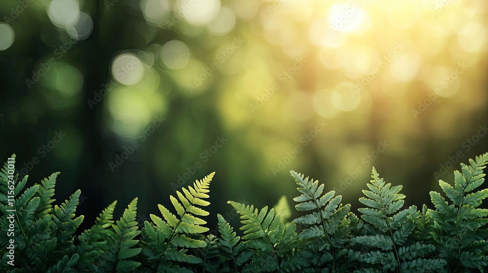 Poster blurred bokeh concept. lush green ferns basking in soft sunlight in a tranquil forest setting.