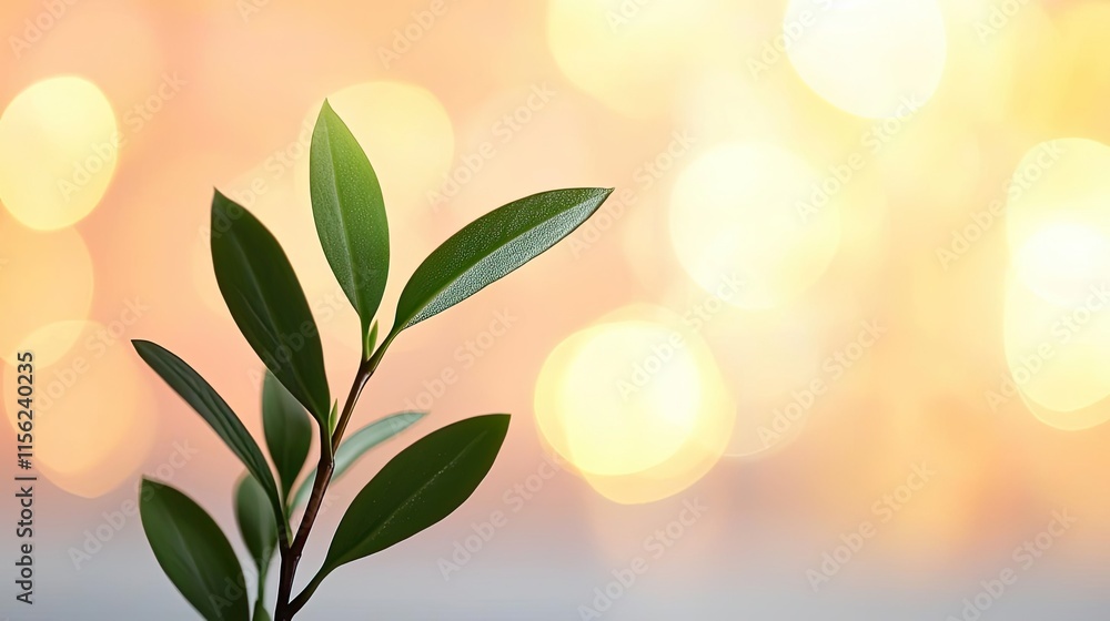 Poster blurred bokeh concept. a close-up of a green leaf branch with a soft bokeh background, symbolizing n