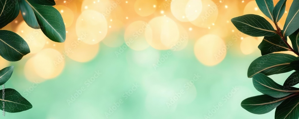 Poster blurred bokeh concept. a vibrant background featuring leaves and bokeh lights creating a serene atmo