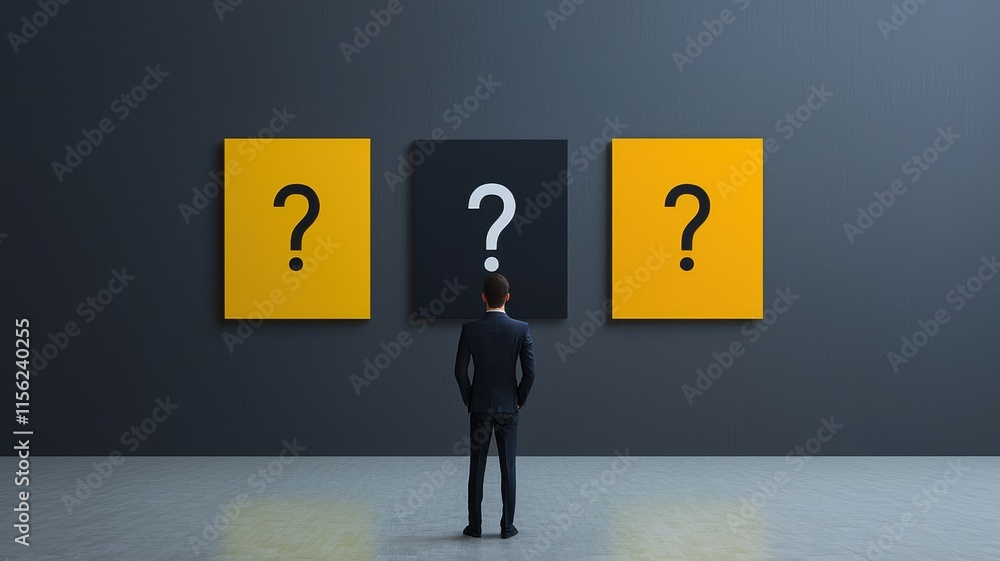 Poster businessman facing choices question marks decision making problem solving strategy options