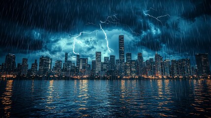 Obraz premium Cityscape during a violent thunderstorm with lightning strikes and heavy rain.