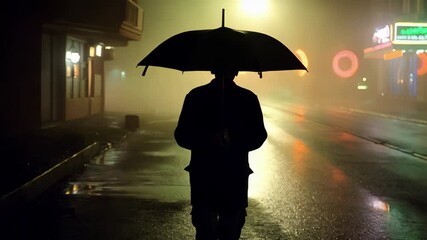 Lone silhouetted male walking under umbrella along misty urban street, illuminated by soft streetlamps during foggy nighttime atmosphere