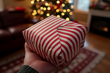 Hand holding a beautifully wrapped Christmas present in cozy living room