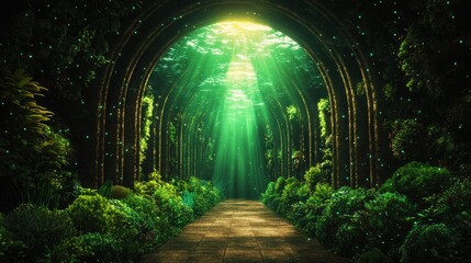 Enchanting Forest Pathway Illuminated by a Tunnel of Light Creating a Magical Atmosphere Surrounded by Lush Greenery and Nature's Tranquil Beauty