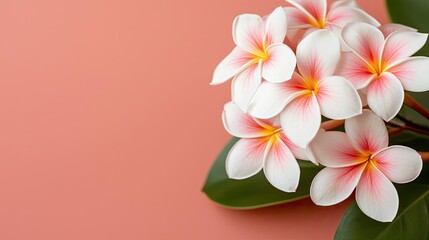 Fototapeta premium Minimal floral idea. Beautiful plumeria flowers with a soft pink backdrop for serene aesthetics.