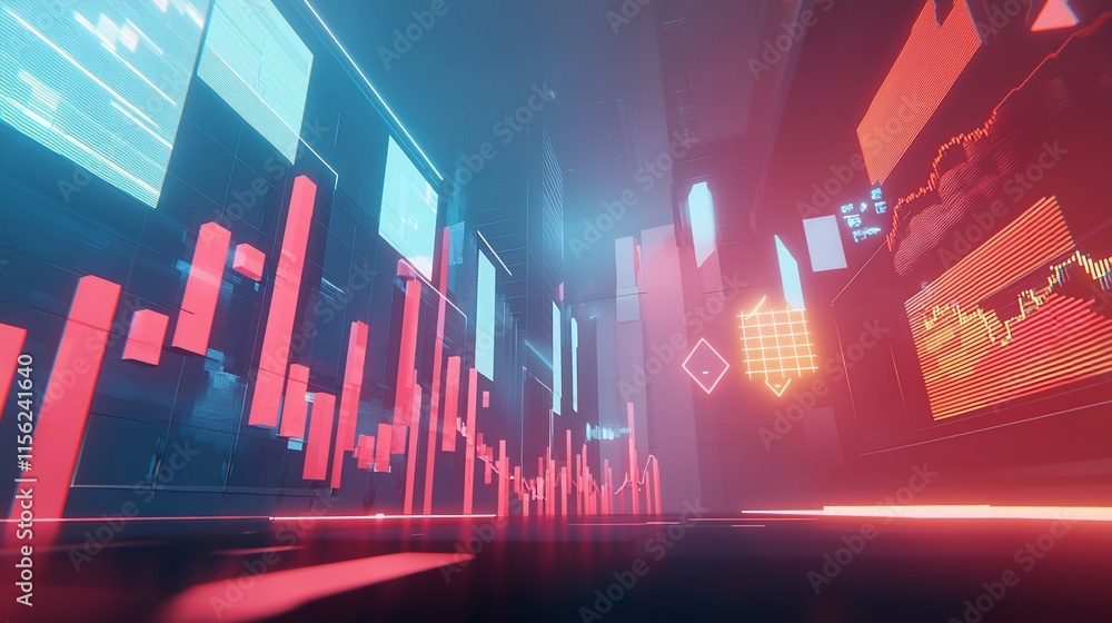 Poster Abstract 3D rendering of financial data visualizations with red and blue glowing bars and charts.