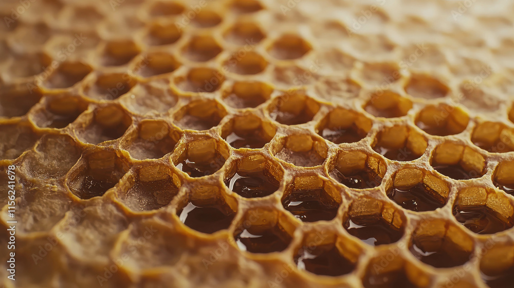 Poster close-up macro shot of honeycomb structure with golden cells and sweet nectar