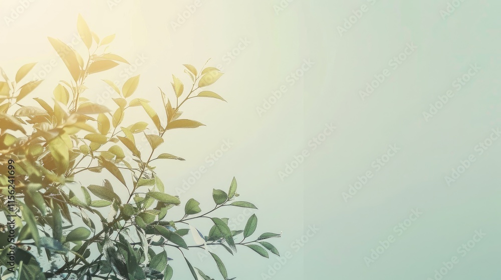 Poster a serene image of a leafy branch with sunlight filtering through, evoking tranquility.