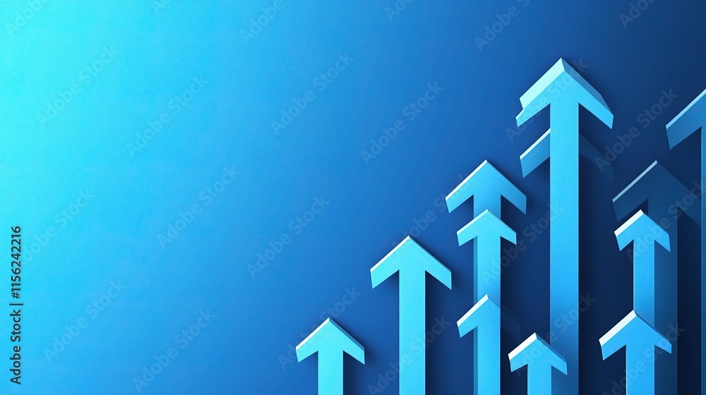 Poster blue background with multiple upward pointing arrows design
