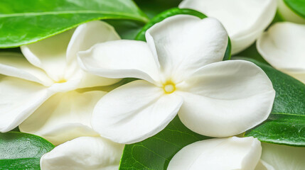 Obraz premium Macro Shot of Delicate White Jasmine Petals on Lush Green Leaves