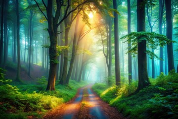 Obraz premium Misty woods embrace a foggy path, creating an autumnal, enchanted scene.