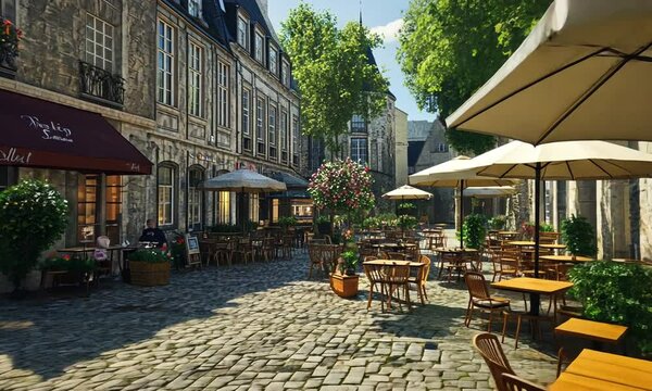Parisian Street Cafe on a Sunny Day, Cobblestone Street, Outdoor Seating
