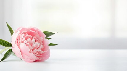 Minimal floral idea. A beautiful pink peony flower resting on a minimalistic white table.