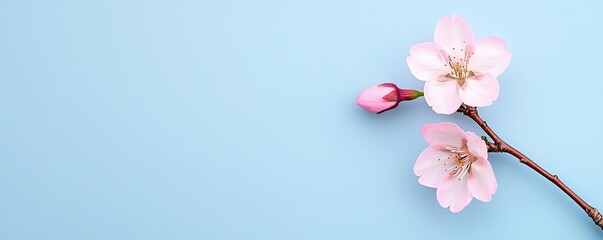 Fototapeta premium Minimal floral idea. Delicate cherry blossom branch with pink flowers set against a soft blue background.