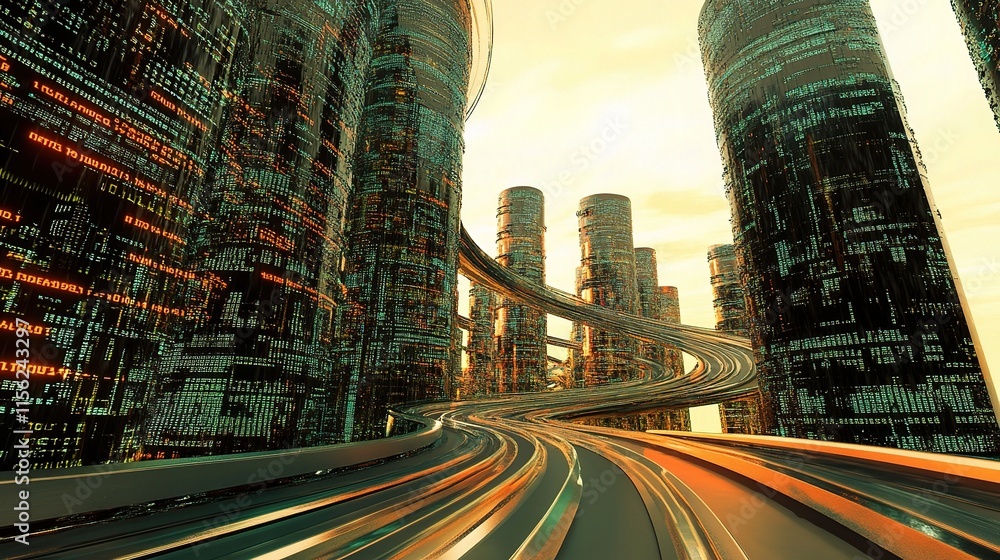 Poster abstract 3d rendering of a highway winding through futuristic cityscape