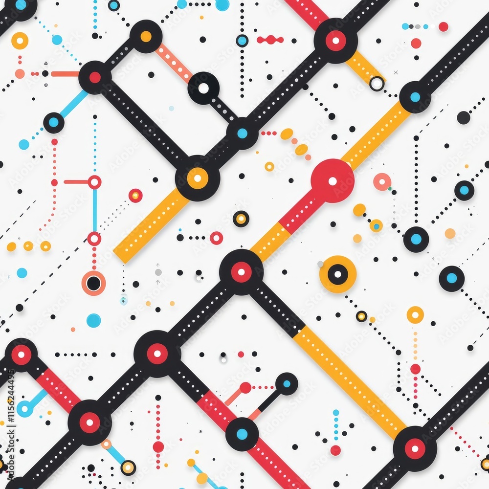 Aufkleber abstract graphic featuring interconnected lines and dots in various colors, suggesting a network.