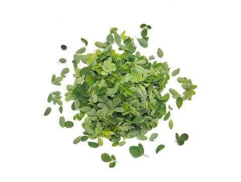 Pile of green moringa leaves isolated on white background 