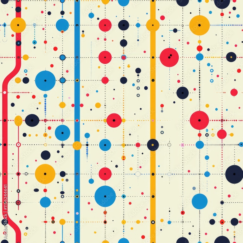 Aufkleber abstract design featuring colorful circles and lines on a light background.