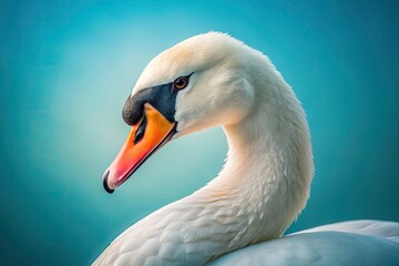 Fototapeta premium Wildlife photography captures a swan's serene beauty, its white feathers contrasting a pale blue sky.