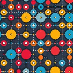 Abstract design featuring colorful circles interconnected by lines on a dark background.