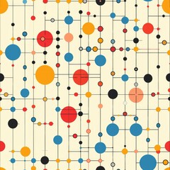 Abstract pattern featuring colorful circles and lines on a light background.