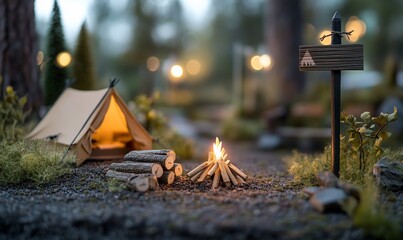 Cozy campsite with a tent and a glowing campfire.