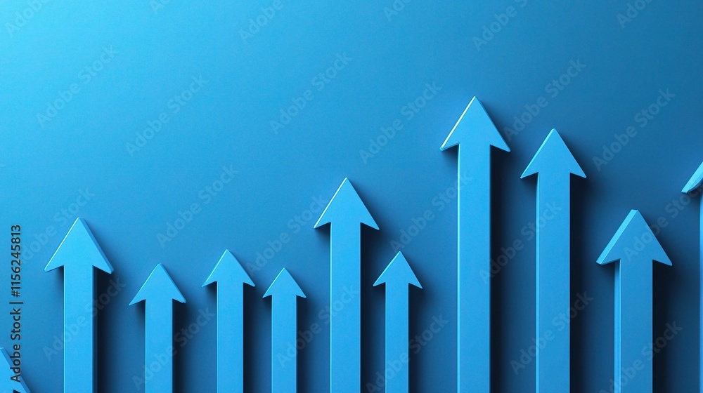 Poster blue background with multiple upward pointing arrows in standard scale