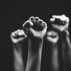 Raised fists symbolizing freedom and unity shows the fists of different people including black and white hands symbolizing hope, liberation, diversity, equality, power, solidarity and strength