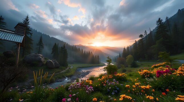 Spring Forest Mountain River in Sunrise