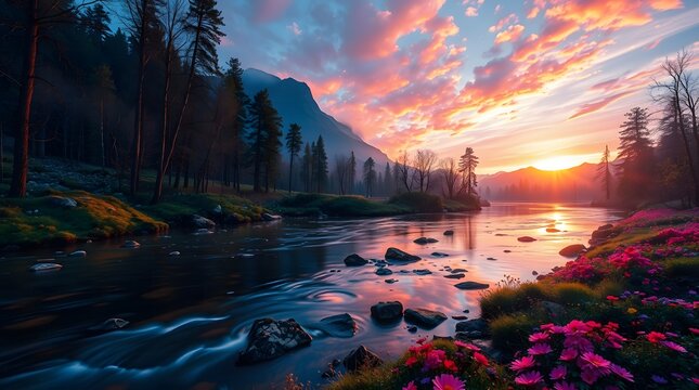 Spring Forest Mountain River in Sunrise