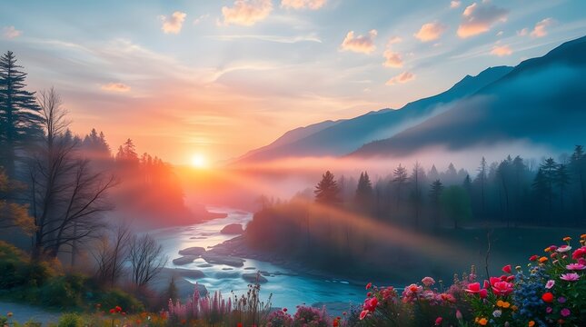 Spring Forest Mountain River in Sunrise
