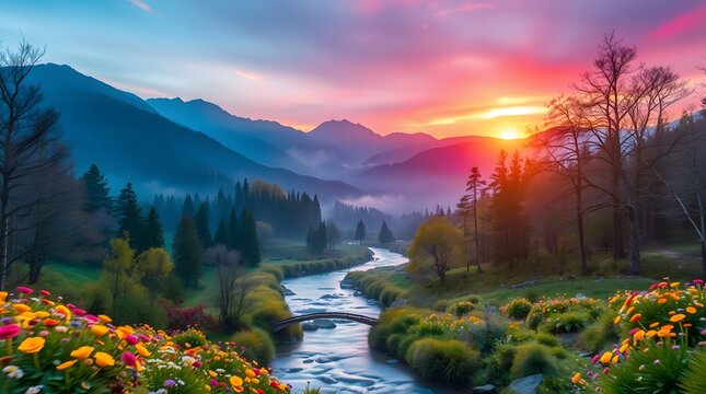 Spring Forest Mountain River in Sunrise
