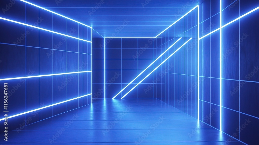 Poster abstract blue arrow with glowing dynamic lighting in empty space