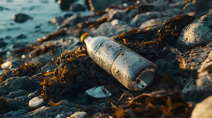 Fototapeta premium Plastic bottle on beach sand.