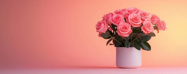 Fototapeta premium Minimal floral idea. A beautiful bouquet of pink roses in a modern white pot against a soft gradient background.